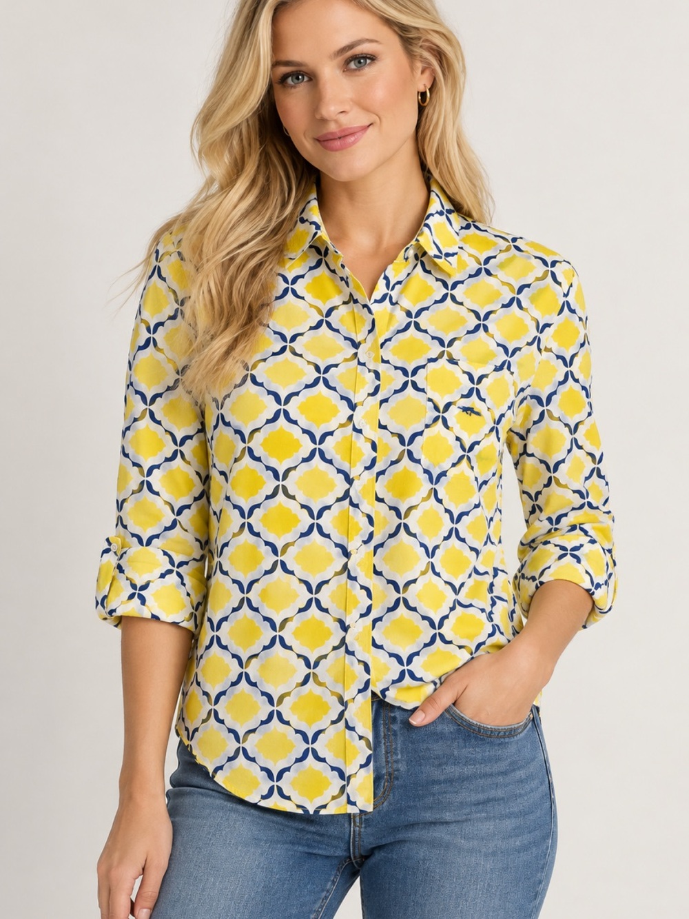 Talbots Women’s Size 14 Yellow Navy Blue Geometric Print 100% cotton